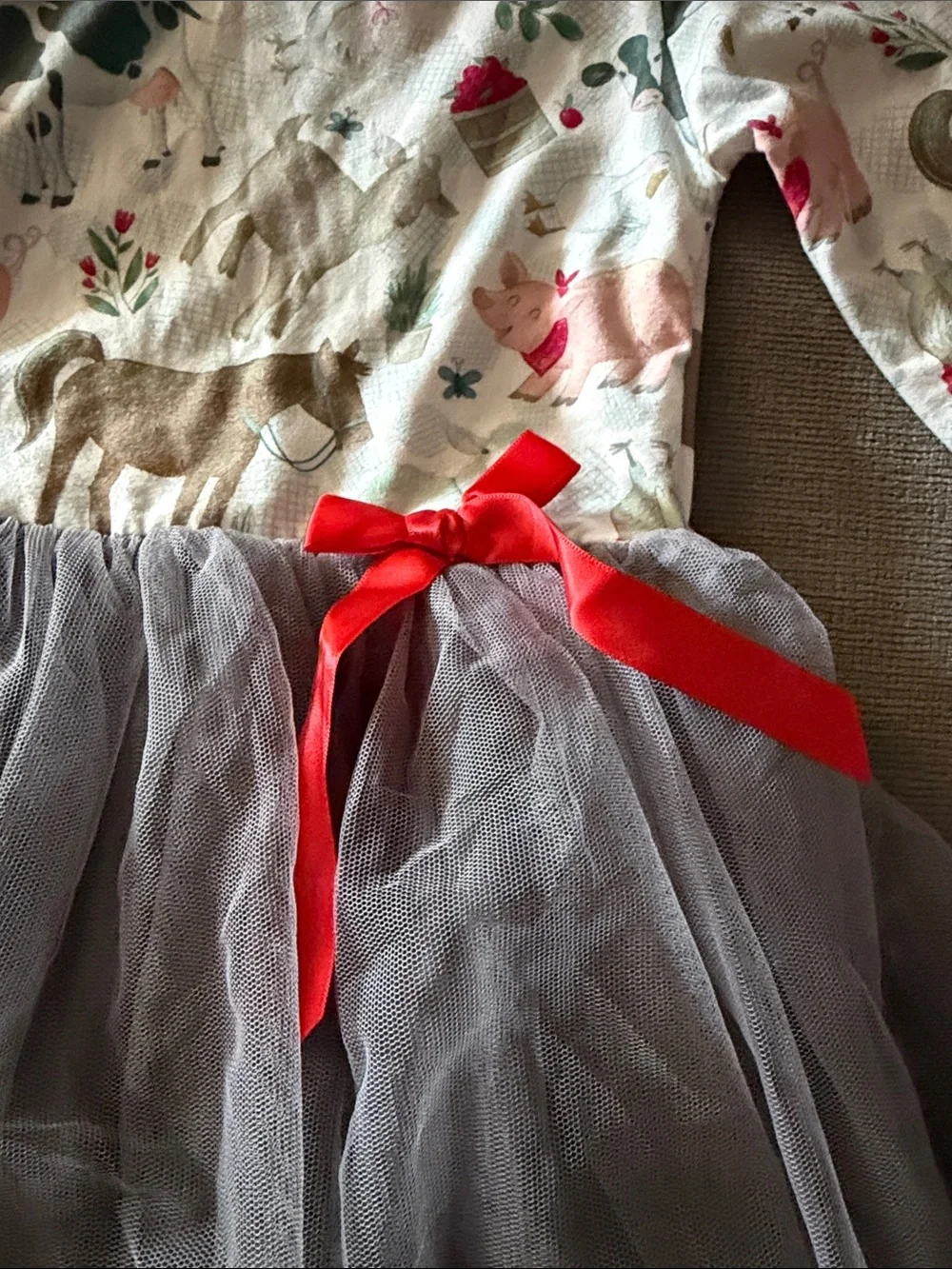Girls' Gray Tulle Dress with Red Bow and Animal Print Top